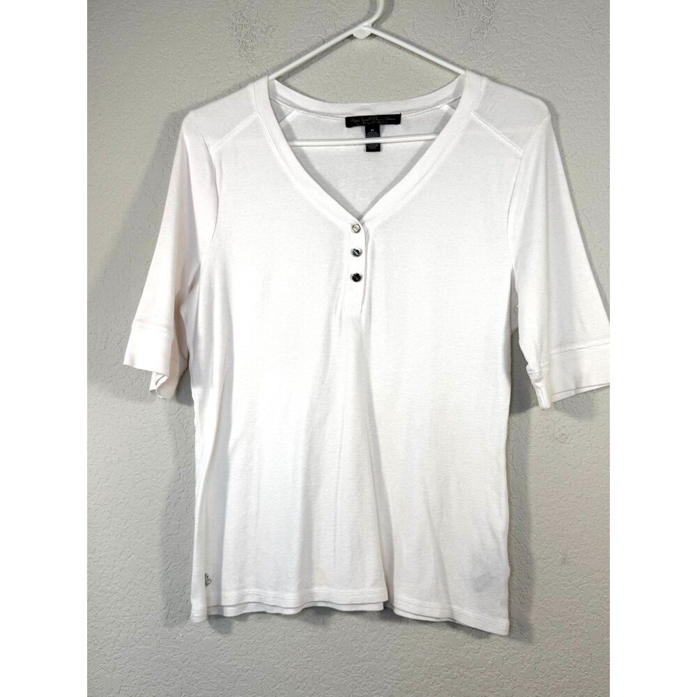 Lauren Ralph Lauren White Henley Shirt M 100% Cotton Short Sleeve V-Neck Tee - Picture 2 of 8